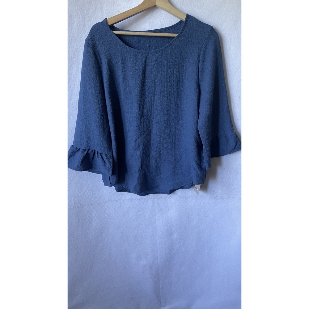 Emery Rose Women's Blue Blouse Wth 3/34 Bell Sleeve, Size XL,Solid Front NWT